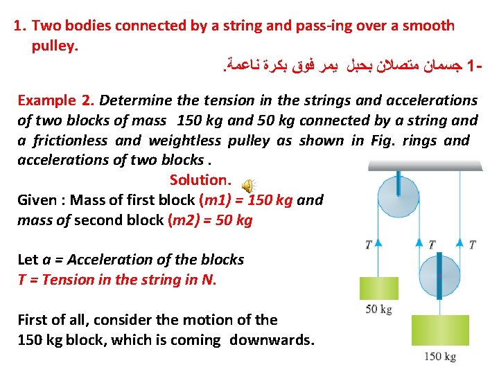 1. Two bodies connected by a string and pass-ing over a smooth pulley. .