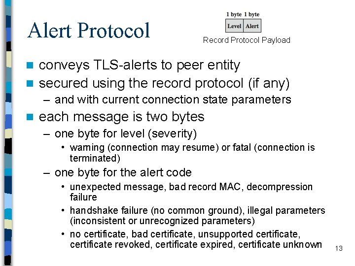 Alert Protocol Record Protocol Payload conveys TLS-alerts to peer entity n secured using the