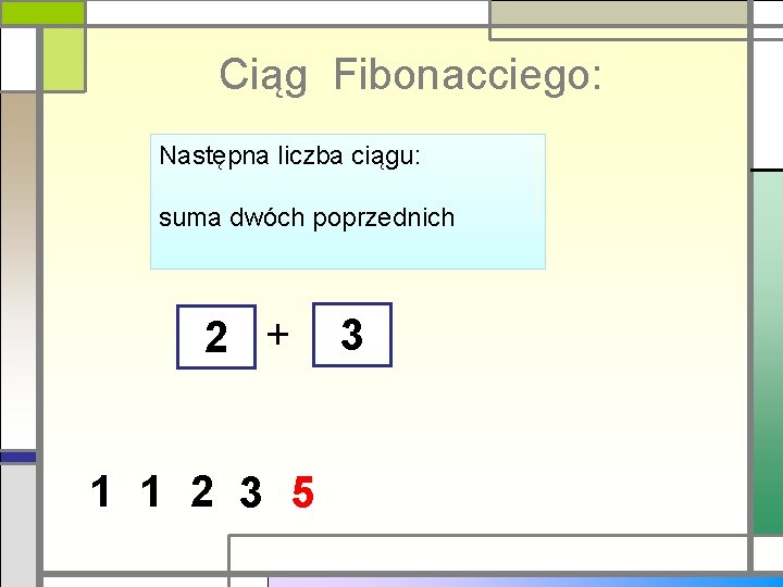 Ciąg Fibonacciego: Następna liczba ciągu: suma dwóch poprzednich 2 + 1 1 2 3