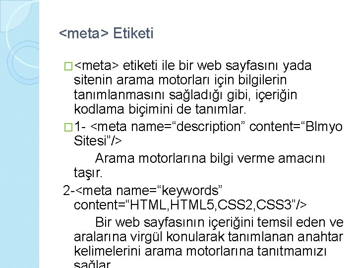 <meta> Etiketi �<meta> etiketi ile bir web sayfasını yada sitenin arama motorları için bilgilerin