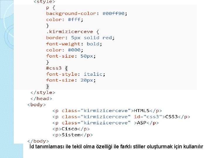 CSS 3(Cascading Style Sheets) İd tanımlaması ile tekil olma özelliği ile farklı stiller oluşturmak