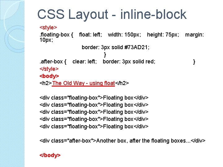 CSS Layout - inline-block <style>. floating-box { float: left; width: 150 px; height: 75