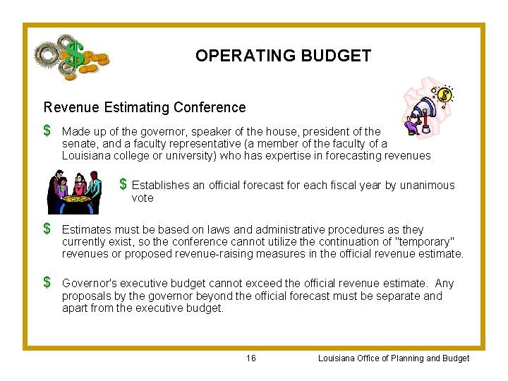 OPERATING BUDGET Revenue Estimating Conference $ Made up of the governor, speaker of the