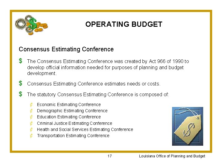 OPERATING BUDGET Consensus Estimating Conference $ The Consensus Estimating Conference was created by Act