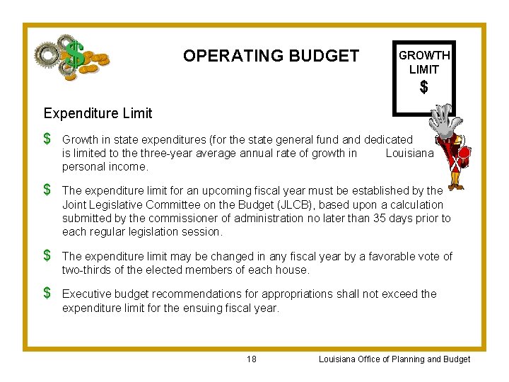 OPERATING BUDGET GROWTH LIMIT $ Expenditure Limit $ Growth in state expenditures (for the