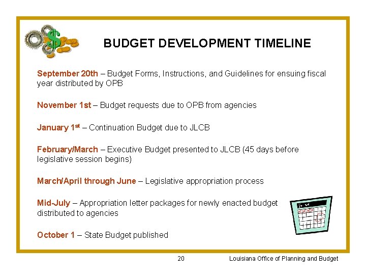BUDGET DEVELOPMENT TIMELINE September 20 th – Budget Forms, Instructions, and Guidelines for ensuing