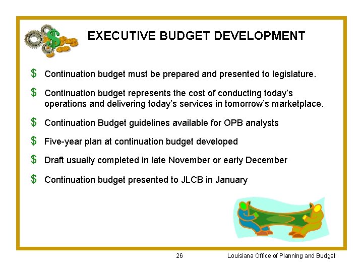 EXECUTIVE BUDGET DEVELOPMENT $ Continuation budget must be prepared and presented to legislature. $