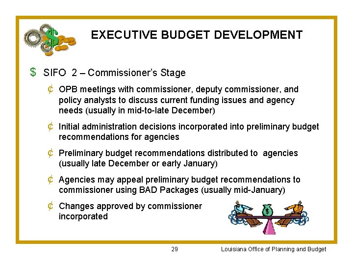 EXECUTIVE BUDGET DEVELOPMENT $ SIFO 2 – Commissioner’s Stage ¢ OPB meetings with commissioner,