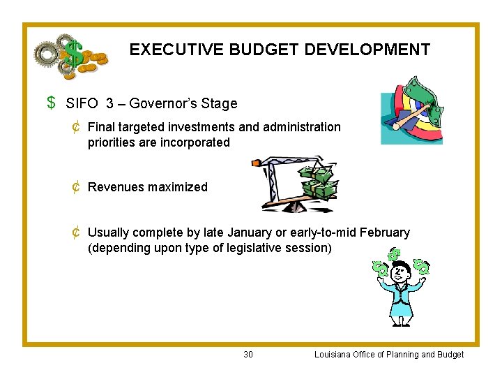 EXECUTIVE BUDGET DEVELOPMENT $ SIFO 3 – Governor’s Stage ¢ Final targeted investments and