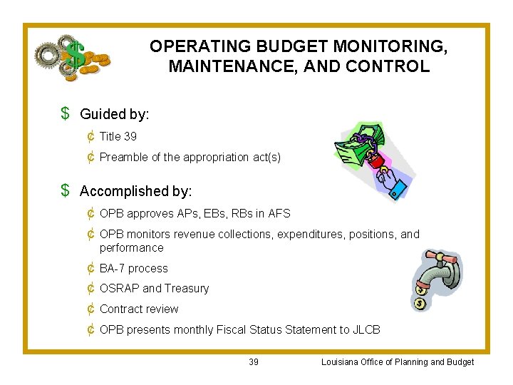 OPERATING BUDGET MONITORING, MAINTENANCE, AND CONTROL $ Guided by: ¢ Title 39 ¢ Preamble