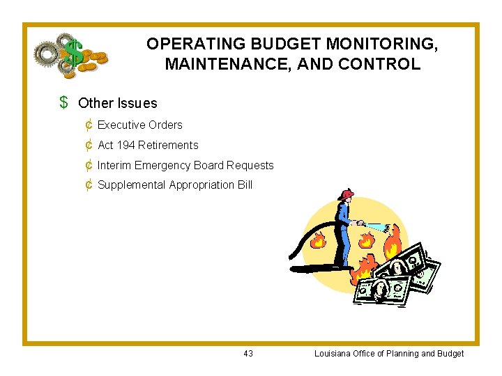 OPERATING BUDGET MONITORING, MAINTENANCE, AND CONTROL $ Other Issues ¢ ¢ Executive Orders Act