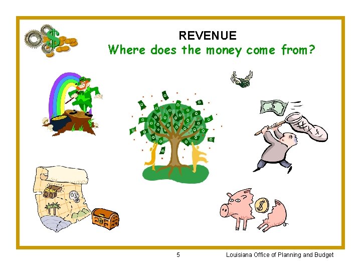 REVENUE Where does the money come from? 5 Louisiana Office of Planning and Budget