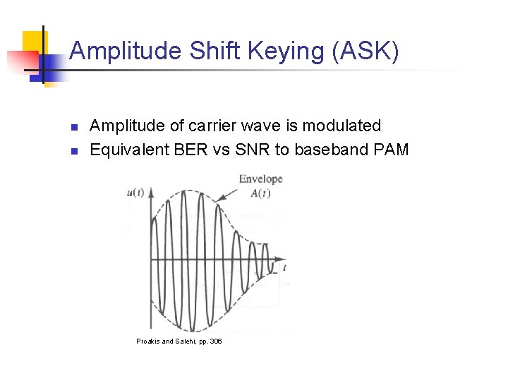 Amplitude Shift Keying (ASK) n n Amplitude of carrier wave is modulated Equivalent BER