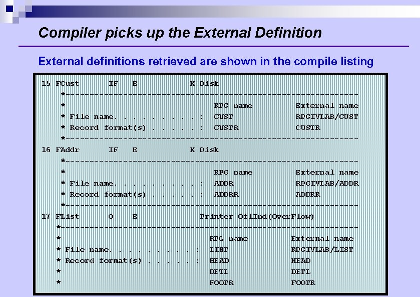 Compiler picks up the External Definition External definitions retrieved are shown in the compile Compiler picks up the External Definition External definitions retrieved are shown in the compile