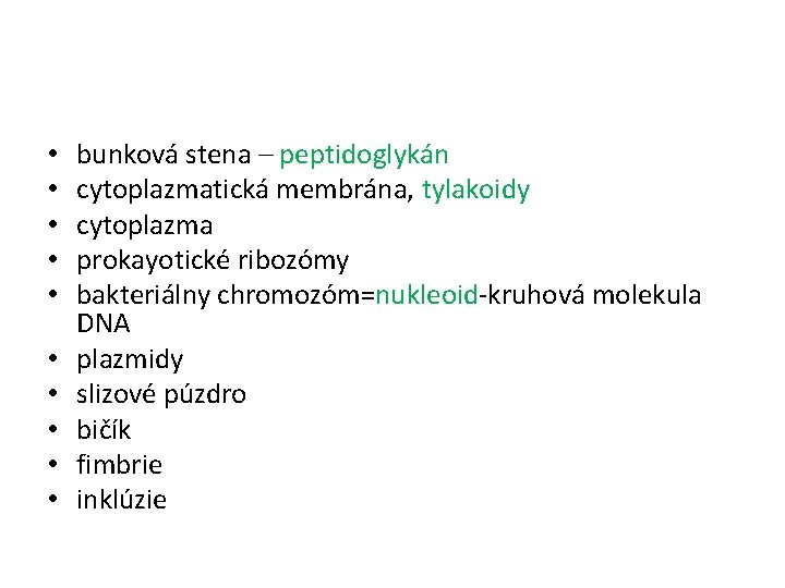  • • • bunková stena – peptidoglykán cytoplazmatická membrána, tylakoidy cytoplazma prokayotické ribozómy