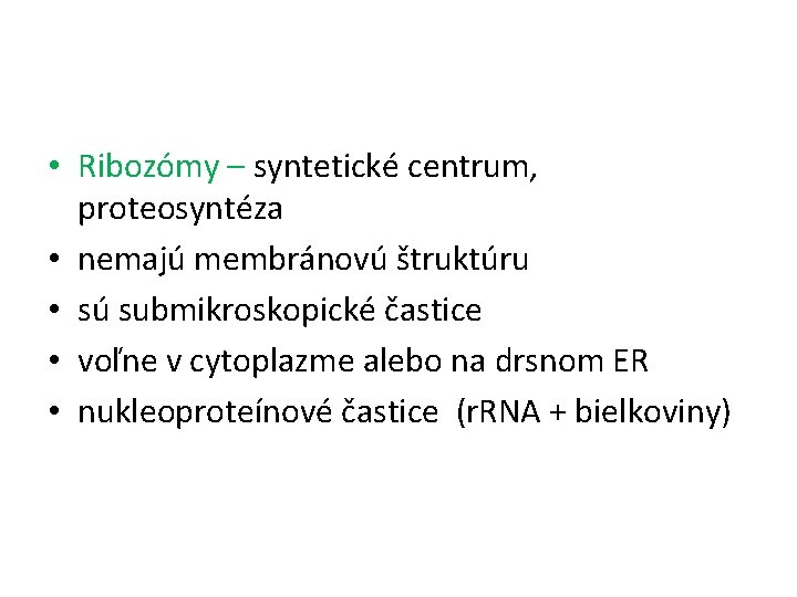  • Ribozómy – syntetické centrum, proteosyntéza • nemajú membránovú štruktúru • sú submikroskopické