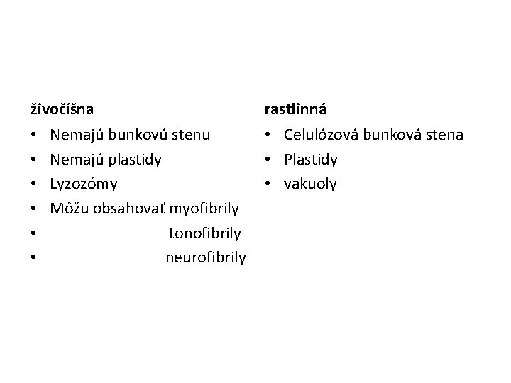 živočíšna • • • Nemajú bunkovú stenu Nemajú plastidy Lyzozómy Môžu obsahovať myofibrily tonofibrily