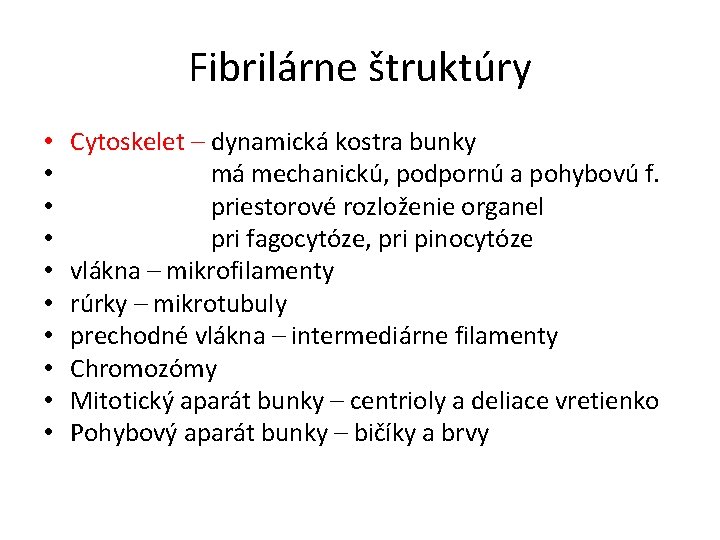 Fibrilárne štruktúry • • • Cytoskelet – dynamická kostra bunky má mechanickú, podpornú a