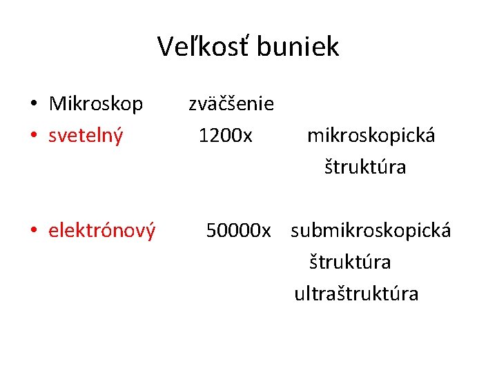 Veľkosť buniek • Mikroskop zväčšenie • svetelný 1200 x mikroskopická štruktúra • elektrónový 50000