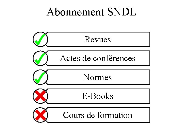 Abonnement SNDL Revues Actes de conférences Normes E-Books Cours de formation 