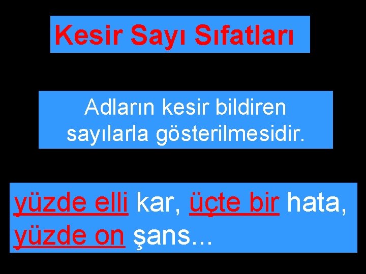 Kesir Sayı Sıfatları Adların kesir bildiren sayılarla gösterilmesidir. yüzde elli kar, üçte bir hata,