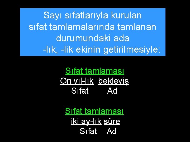 Sayı sıfatlarıyla kurulan sıfat tamlamalarında tamlanan durumundaki ada -lık, -lik ekinin getirilmesiyle: Sıfat tamlaması