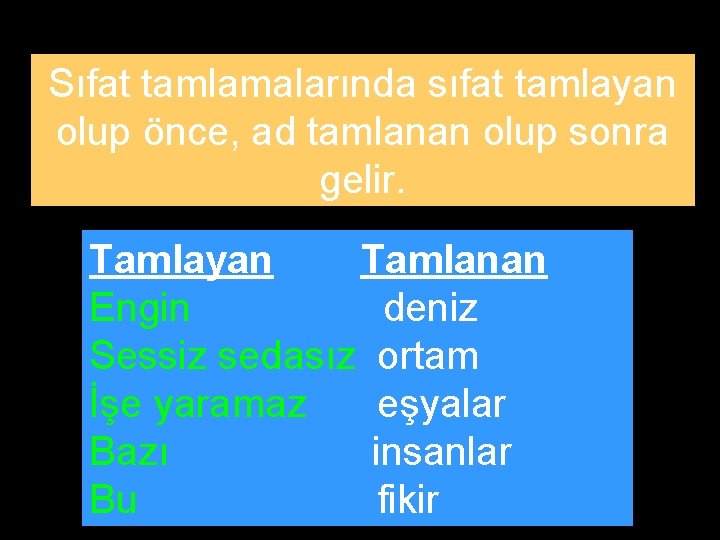 Sıfat tamlamalarında sıfat tamlayan olup önce, ad tamlanan olup sonra gelir. Tamlayan Tamlanan Engin