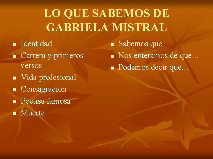 LO QUE SABEMOS DE GABRIELA MISTRAL n n n Identidad Carrera y primeros versos