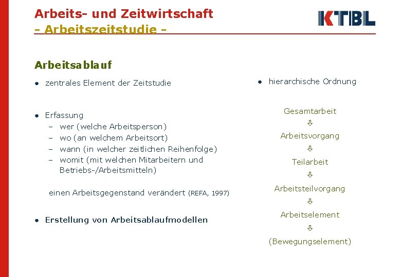 Arbeits- und Zeitwirtschaft - Arbeitszeitstudie Arbeitsablauf ● zentrales Element der Zeitstudie ● Erfassung -