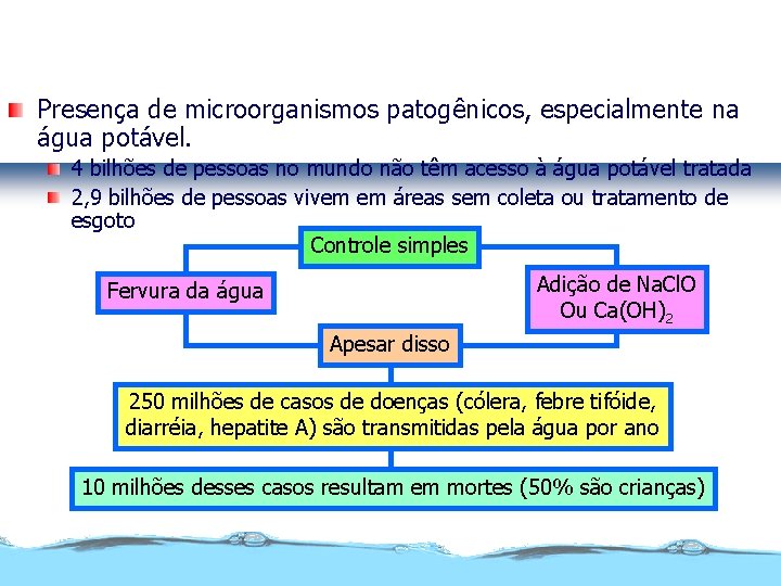 Poluição biológica Presença de microorganismos patogênicos, especialmente na água potável. 4 bilhões de pessoas