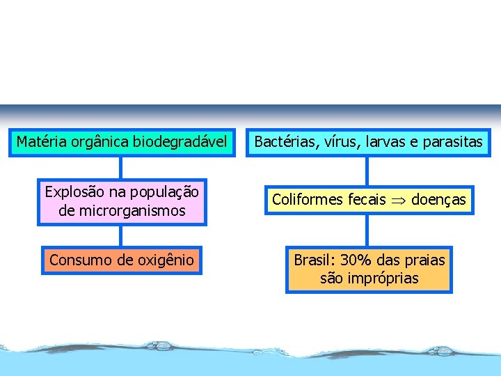 Poluição por esgotos doméstico e industrial Matéria orgânica biodegradável Bactérias, vírus, larvas e parasitas