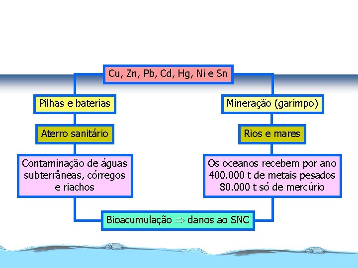 Poluição por metais pesados Cu, Zn, Pb, Cd, Hg, Ni e Sn Pilhas e