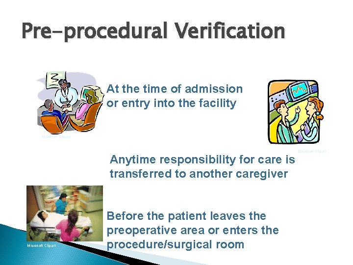Pre-procedural Verification At the time of admission or entry into the facility Microsoft Clipart