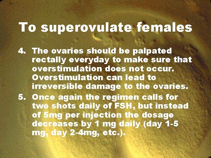 To superovulate females 4. The ovaries should be palpated rectally everyday to make sure