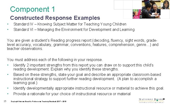 Component 1 Constructed Response Examples • • Standard IV – Knowing Subject Matter for
