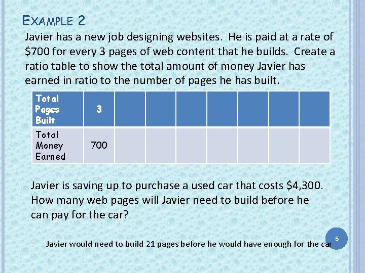 EXAMPLE 2 Javier has a new job designing websites. He is paid at a