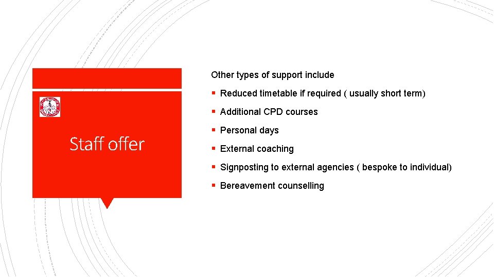 Other types of support include § Reduced timetable if required ( usually short term)