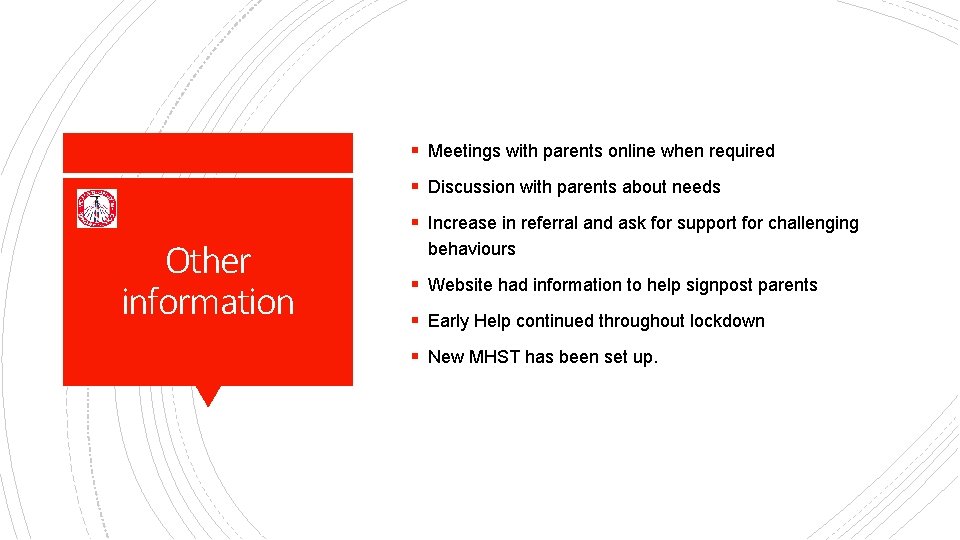 § Meetings with parents online when required § Discussion with parents about needs §