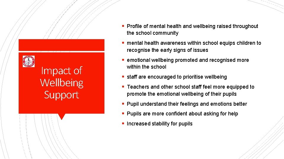 § Profile of mental health and wellbeing raised throughout the school community § mental