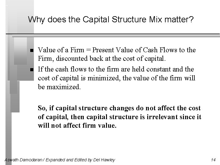 Why does the Capital Structure Mix matter? Value of a Firm = Present Value