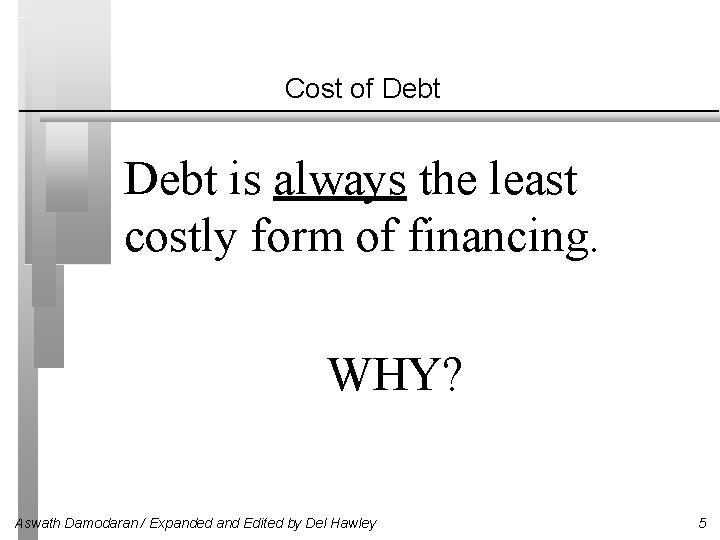 Cost of Debt is always the least costly form of financing. WHY? Aswath Damodaran