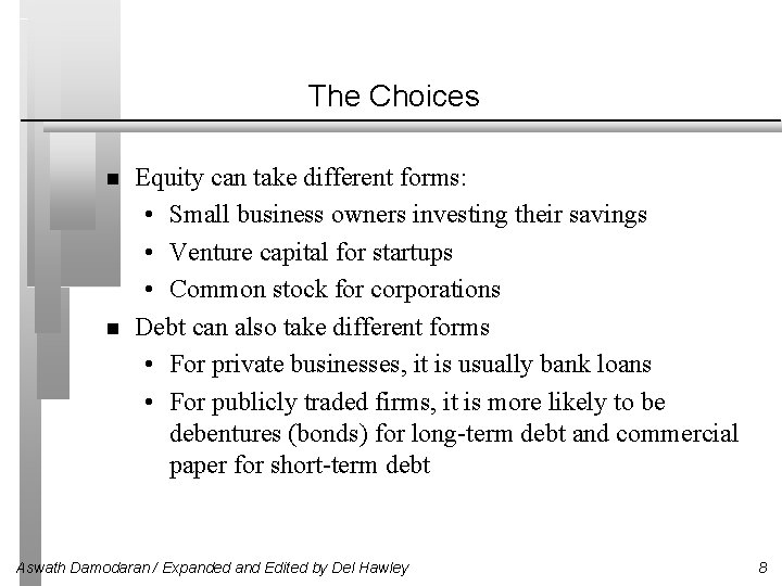 The Choices Equity can take different forms: • Small business owners investing their savings