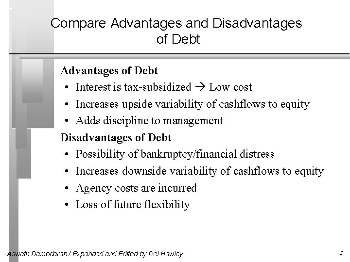 Compare Advantages and Disadvantages of Debt Advantages of Debt • Interest is tax-subsidized Low