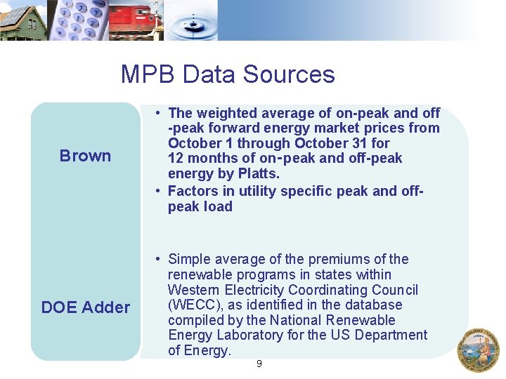 MPB Data Sources Brown DOE Adder • The weighted average of on-peak and off