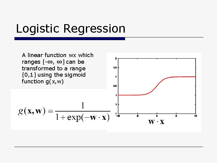 Logistic Regression A linear function wx which ranges [-∞, ∞] can be transformed to