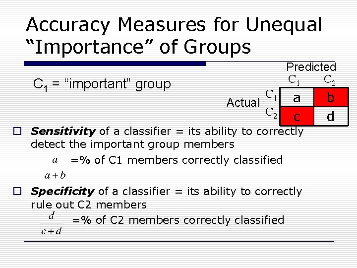 Accuracy Measures for Unequal “Importance” of Groups C 1 = “important” group C 1