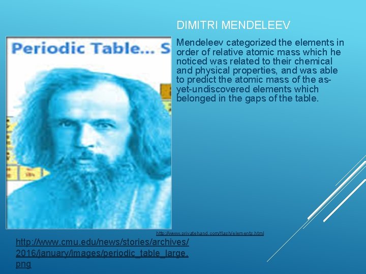 DIMITRI MENDELEEV Mendeleev categorized the elements in order of relative atomic mass which he