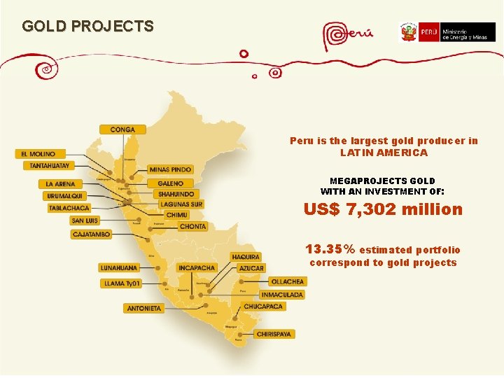 GOLD PROJECTS Peru is the largest gold producer in LATIN AMERICA MEGAPROJECTS GOLD WITH GOLD PROJECTS Peru is the largest gold producer in LATIN AMERICA MEGAPROJECTS GOLD WITH