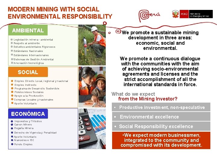 MODERN MINING WITH SOCIAL ENVIRONMENTAL RESPONSIBILITY AMBIENTAL Legislación minera - ambiental Respeto al ambiente MODERN MINING WITH SOCIAL ENVIRONMENTAL RESPONSIBILITY AMBIENTAL Legislación minera - ambiental Respeto al ambiente