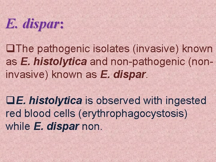 E. dispar: q. The pathogenic isolates (invasive) known as E. histolytica and non-pathogenic (noninvasive)